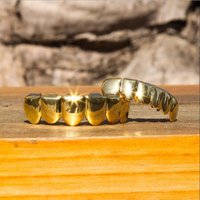 RACHELZ Hip Hop Glossy Teeth Grillz Fashion Gold Color Top Bottom Tooth Caps Dental Grills For Women Men Halloween Jewelry