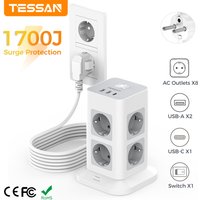 TESSAN Tower Power Strip Multi Outlets with USB A +1 Type C 2M Extension Cable EU Plug Vertical Electric Socket Surge Protection