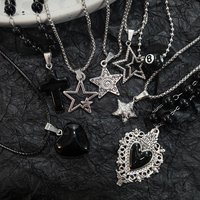 8Pcs Gothic Black Heart Star Cross Pendant Necklace Set Silver Tone Layered Beaded Chokers for Men & Women Punk Streetwear