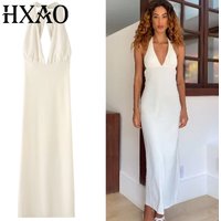 HXAO Women's Halter Dress Summer 2025 Off White Long Dress Sexy Birthday Wedding Party Dress Backless Lace-Up Slit Vestidos 066