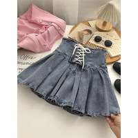 2026 New Style Korean High Waist Elastic Denim Pleated Short Skirt Women's Fashionable Cross Tie Short Skirt Versatile S...