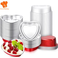 50Pcs Aluminum Foil Cake Pan Heart Shaped Cupcake Cup with Lids Baking Cups Ramekins Desserts Flans for Valentine Wedding Decor