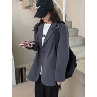 Jmprs Harajuku Grey Blazer Coat Women Korean Loose Single Buttons Jacket Preppy Style Casual Long Sleeve Lady Simple Spring Coat
