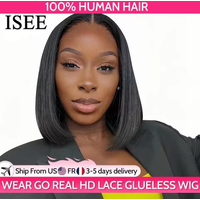 ISEE HAIR Wear And Go Glueless Human Hair Wig Bob HD Lace Straight Short Bob 7x5 Lace Frontal Pre Plucked Human Wigs Ready To Go