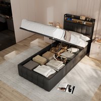 Anajqaqia Lit pour jeune 90×200 cm, Lit hydraulique, Lit simple, Lit rembourré, Tête de lit avec rangement, pour chambre à coucher, PU, Noir, Matelas non inclus