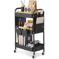 3-Tier Rolling Storage Cart with Table Top, Removable Hanging Cups, Side Pockets, Ideal for Utility, Living Room, Office, Kitche