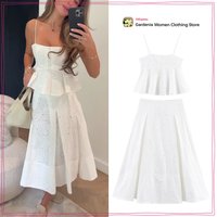 Women Summer Vacation Co Ord Outfits Elegant White Embroidered 2 Piece Set Cropped Top with Thin Straps Matching Cape Midi Skirt