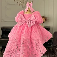 New Pink Dress for Girls, Square Neck Stylish High-Low Hem Rose Princess Gown, Perfect for First Christmas & Western Occasions