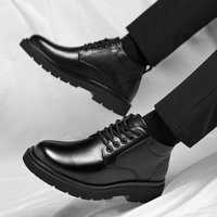 Mens Black Leather Lace Up Mid Top Boots Winter Warm Formal Business Office Wedding Shoes Black Work Boots Fashionable Dad Shoes