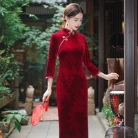 chinese qipao dress for women big size traditional wedding good quality high-end autumn embossing new velvet high slit cheongsam