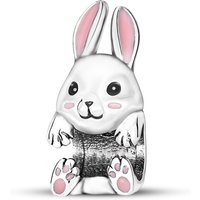 925 Sterling Silver Cute Bunny Rabbit Charm Pink White Enamel Beads Fit Bracelet Necklace Women Easter Mother's Day Jewelry Gift