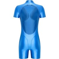 Women Shiny Oily Swimsuit Mock Neck Short Sleeve Bodysuits Backless Slim Fit One-piece Surfing Suit Bathing Suit Diving Suit