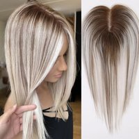 Brown Platinum Highlights 12 Inch Straight Center Part Lace Base Human Hair Topper 100% Remy Hairpieces for Women Easy to Wear