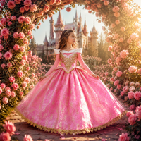 Sleeping Beauty Aurora Pink Gown Long Sleeve Princess Costume for Girls Carnival Birthday Party Cosplay Evening Dress 2-8Y