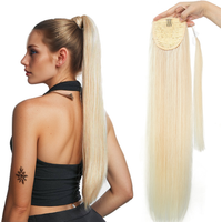 Blonde Ponytail Human Hair Natural Real Hair Extensions Wrap Around Clip on Ponytails Thick Ends Platinum Blonde 24inch 140G
