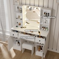 Modern LED Vanity Table Set with Mirror & Stool 3 Color Dimmable Makeup Cabinet 3 Drawer Storage Dresser Desk for Bedroom