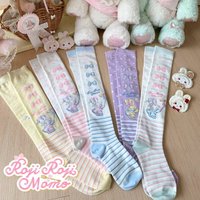 Pastel Macaron Color Lolita High Socks Cute Bunny Bow Pattern Striped Cotton Long Socks Girls Kawaii Harajuku Matching Stockings