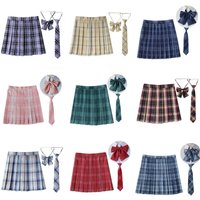 Women Plaid Pleat Skirt With Necktie Bowtie Harajuku Preppy Mini Japanese School Uniforms Girls Summer Jupe Kawaii Skirt