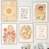 Boho Nursery Education Posters And Prints Alphabet Sun Rainbow Lion Deer Wall Art Canvas Painting Wall Pictures Kids Room Dec
