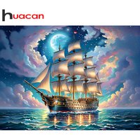 Huacan Full Square Round Diamond Painting Moon Seaside Sailboat Diamond Mosaic Landscape Art Decorative Paintings