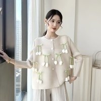 Miyake Pleated Cherry Hanging Round Neck Single-breasted Cardigan with Loose and Fashionable Design for Women's Shirt Jacket
