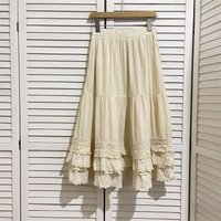 Women Bohemian Elastic High Waist Long Skirt Mori Kei 100% Cotton Lace Embroidery Beige Midi Skirt Boho Clothing