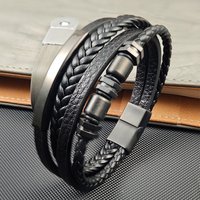 Men's Stainless Steel Luxury Magnetic Buckle Braided Multi-layer Leather Cylinder Hexagonal Bead Bracelet Men's Jewelry Gift