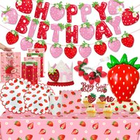 Strawberry Theme Girl's Birthday Party Decoration Disposable Fruit Tableware Tablecloth Balloons Banner Cake Toppers Baby Gifts