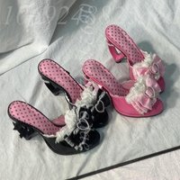 Women's Pink & Black Patent Heel Slippers, Polka Dot Lining, Lace & Bow with Pearl Heart, Heart Kitten Heel, Y2K Lolita Shoes