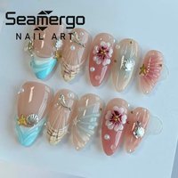 24PCS Luxury 3D Gilt Floral Diamond Press on Nails Dreamy Seaside Shell Star False Nails Almond Gentle for Women Girl Fake Nails