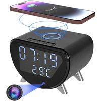 Wireless Charging Alarm Clock Camera - 4K HD Surveillance, Motion Detection, Remote Viewing, Recording, App, Temperature Display