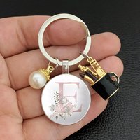 New Charm Enamel Pen Holder Teacher's Day Gift Keychain Simple Pink A-Z Letter Pattern Glass Cabochon Keychain Pearl Keychain