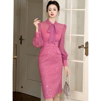 New Women's French Elegant Formal Dress Sheer Chiffon Splice Shiny Sequins Bandage Bow Fake 2 Piece Robe Party Business Vestidos