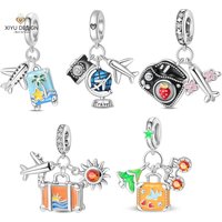 Airplane Suitcase Travel Lover Passport Plane 925 Sterling Silver Charm Bead Women Jewelry Fit DIY Bracelet Necklace Travel gift