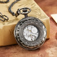Vintage Transparent Glass Open-Face Pocket Watch with Train Pattern Dial Engraving, Manual Mechanical