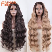 FASHION IDOL 36 Inch Super Long Deep Wave Cosplay Wigs Synthetic Lace Front Wigs For Women Ombre Brown Fiber Side Part Lace Wigs