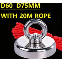 D60/D75 +rope Super Strong Neodymium Fishing Magnets, Rare Earth Magnet with Countersunk Hole Eyebolt for Retrieving in River