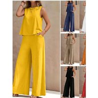 Pure Color round Neck Vest And Wide Leg Pants Two Piece Set Casual Style Fashion Suit for Women All Seasons Wear