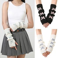 6Butterfly Knot Gloves for Women, Autumn and Winter Knitted Warm College Style Mid-Length Pile Sleeve Fingerless Arm Warmers