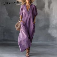 Women's Summer Boho Maxi Dress Spring V-Neck Lace Trim Short Sleeve Kaftan Dress Casual Loose Pocket Vacation Long Dress Vestido
