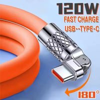 6A 120W USB C Cable Fast Charging 180 Degree Rotation Elbow Phone Charger Date Cord For iPhone Samsung Xiaomi Quick Charge Wire