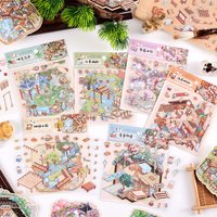 3Pcs Pastoral Courtyard PET Stickers, Traditional Chinese House Transparent Decals
