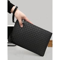 Men's Black Geometric Pattern Clutch Purse, Durable PU Leather Wristlet with Zipper Closure, Large Capacity Organizer for Office