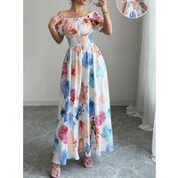French Elegant Floral Print Dress Square Neck Lantern Sleeve Cinched Waist Bohemian Resort Style Flare Ruffle Hem