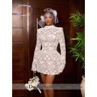 Customized High Neck Mini Bride Party Gown Full Sleeves Short Wedding Dresses Lace Appliques Brides Dress Vestidos De Novias