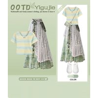 Summer Gradient Stripe Yellow Top Slimming Half Skirt Two Piece Set Women's High Waist Midi Skirt Short Sleeve Tops