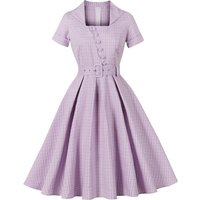 50s 60s Hepburn Vintage Fairy Purple Plaid Print Rockabilly Swing Dress Women Square Collar Short Sleeve Pinup Belted Midi Dress