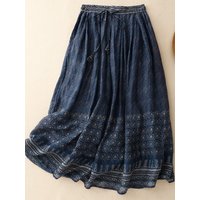 Artistic Print Cotton Linen High Waist Skirt Women's Summer Knee-Length A-Line Midi Skirt Ethnic Style Loose Fit Commute