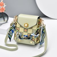 Mini Studded Decor Crossbody Bag, Women's Plaid Pattern Crossbody Bag, Faux Pearl Handle Flap Purse