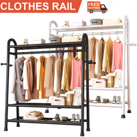 1PCS Simple Double-Rod Clothes Hanger Hat Rack Floor Mounted Clothes Rack Double Rail Rolling Stand Shoes Rack Storage Shelf